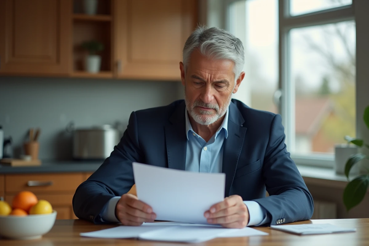 Homme d'affaires en costume dans sa cuisine examine des documents