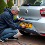Homme attachant une plaque d'immatriculation à une voiture
