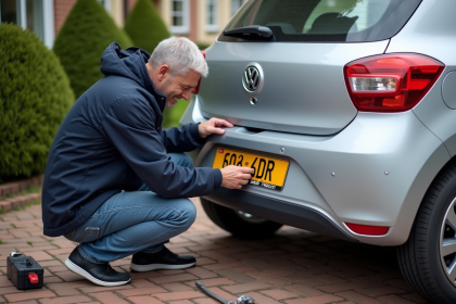 Homme attachant une plaque d'immatriculation à une voiture