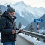 Homme regardant une carte près de sa voiture en montagne