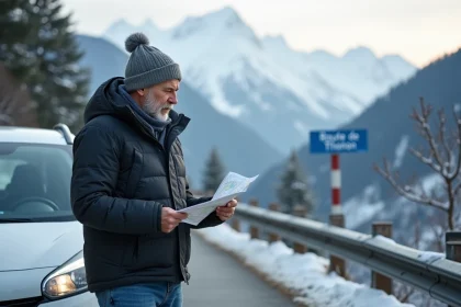 Homme regardant une carte près de sa voiture en montagne