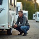 Homme inspectant une caravane d'occasion en extérieur