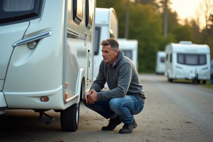 Homme inspectant une caravane d'occasion en extérieur