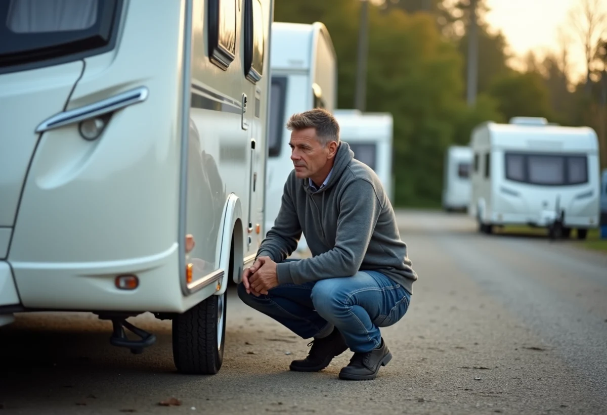 Homme inspectant une caravane d'occasion en extérieur