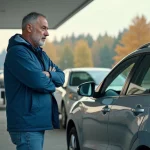 Homme d'âge moyen à la station essence en plein air