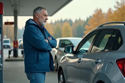 Homme d'âge moyen à la station essence en plein air