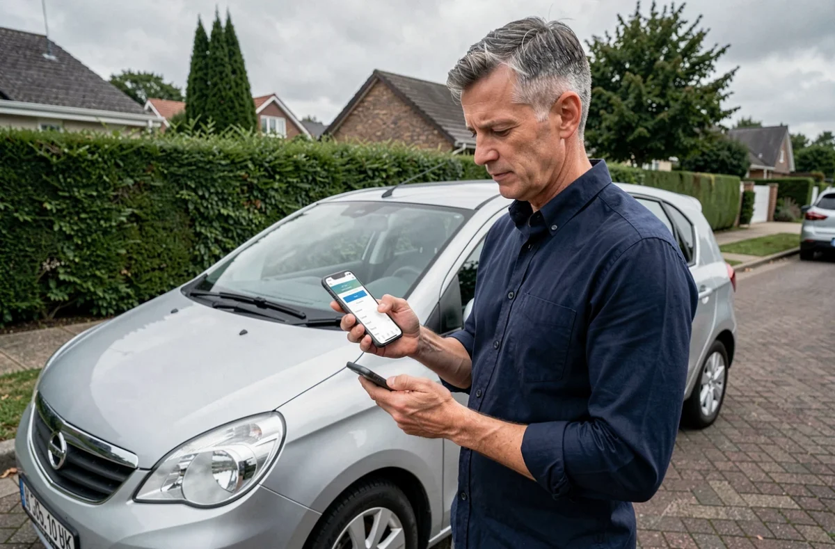 Homme vérifiant une comparaison d'assurance auto sur smartphone à côté de sa voiture