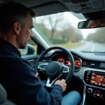 Homme regardant le tableau de bord d'une voiture moderne