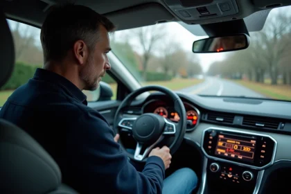 Homme regardant le tableau de bord d'une voiture moderne