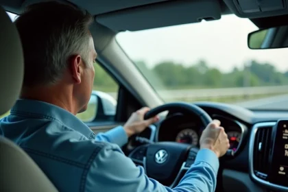 Homme d'âge moyen dans une voiture moderne au volant