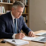 Homme en costume examinant son contrat d'assurance auto avec protection juridique