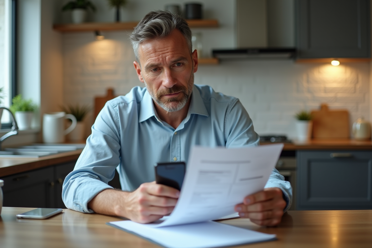 Homme d'âge moyen vérifiant ses documents d'assurance auto