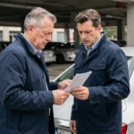 Homme consultant son contrat d'assurance voiture à côté de sa voiture dans un parking urbain