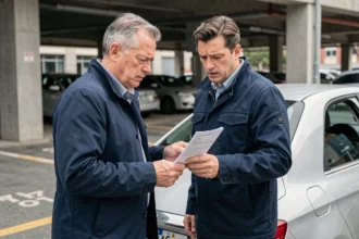Homme consultant son contrat d'assurance voiture à côté de sa voiture dans un parking urbain