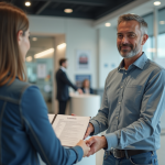 Homme d'âge moyen remettant un document de voiture au concessionnaire