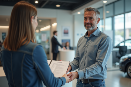 Homme d'âge moyen remettant un document de voiture au concessionnaire