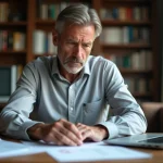 Homme examinant des documents de carte grise pour un véhicule importé sur un bureau à domicile