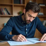Homme consultant des documents officiels du permis de conduire à son bureau pour récupérer ses points de permis en France