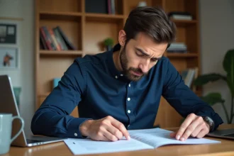 Homme consultant des documents officiels du permis de conduire à son bureau pour récupérer ses points de permis en France