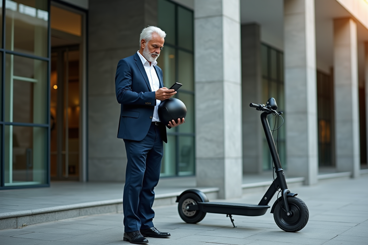 Homme d affaires avec scooter électrique et smartphone