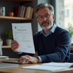 Homme français assis à son bureau avec un certificat