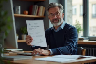 Homme français assis à son bureau avec un certificat