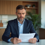 Homme français en costume regardant ses papiers et amende