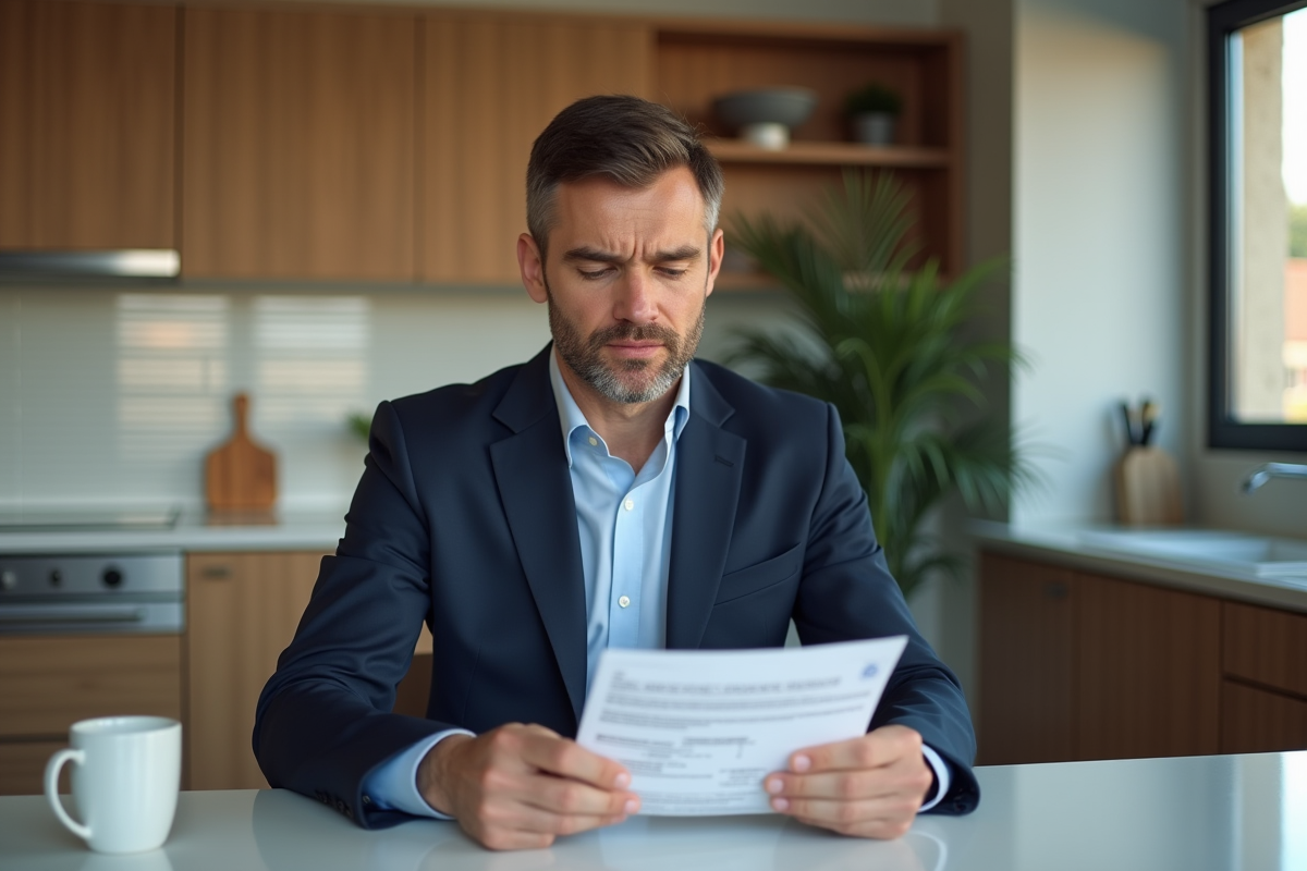 Homme français en costume regardant ses papiers et amende
