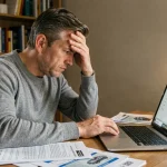 Homme frustré devant son ordinateur remplissant un formulaire de demande de carte grise en ligne avec des documents de véhicule éparpillés sur son bureau