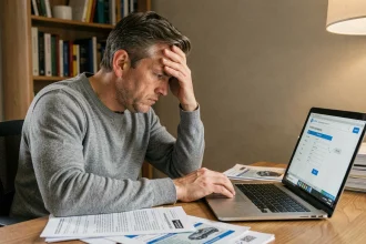 Homme frustré devant son ordinateur remplissant un formulaire de demande de carte grise en ligne avec des documents de véhicule éparpillés sur son bureau