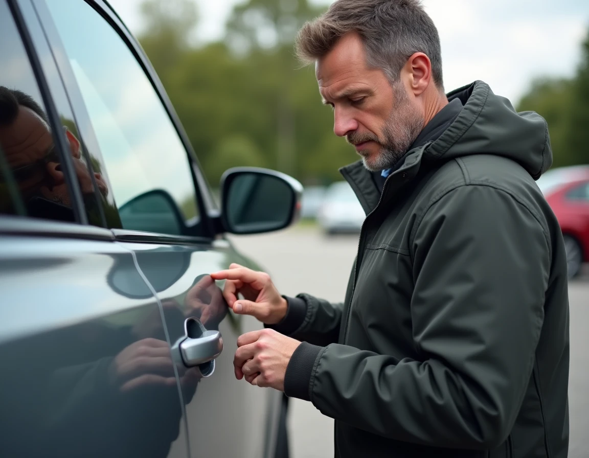 Homme inspectant la peinture gris nardo d'un SUV d'occasion dans un parking en extérieur