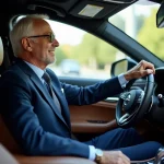 Homme élégant en costume dans intérieur de voiture de luxe