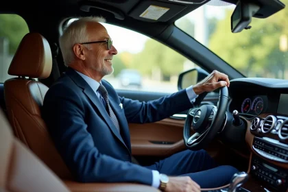 Homme élégant en costume dans intérieur de voiture de luxe