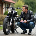 Homme d'âge moyen inspectant une moto vintage à l'extérieur