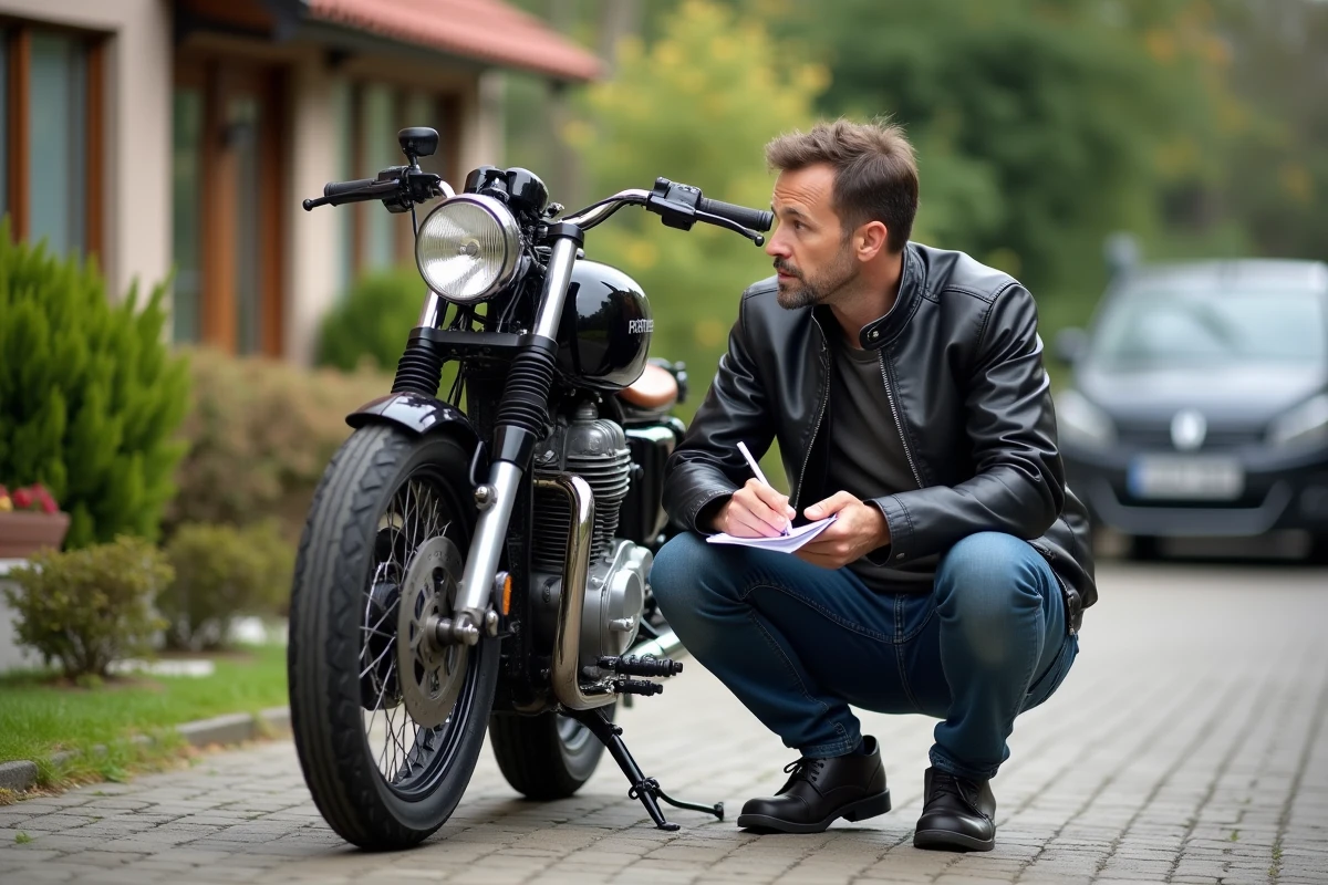 Homme d'âge moyen inspectant une moto vintage à l'extérieur
