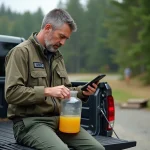 Homme en tenue de travail versant de l'huile dans un récipient