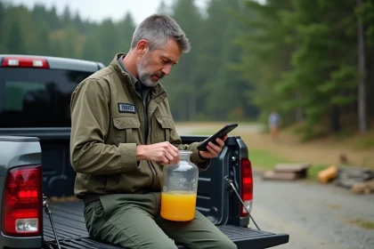 Homme en tenue de travail versant de l'huile dans un récipient