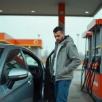 Homme inquiet devant une pompe à essence dans une station-service urbaine, illustrant le coût du carburant en ville