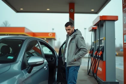 Homme inquiet devant une pompe à essence dans une station-service urbaine, illustrant le coût du carburant en ville