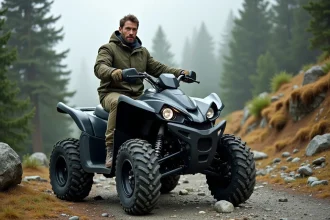 Homme adulte sur un quad électrique sur un sentier de randonnée en montagne entouré de pins