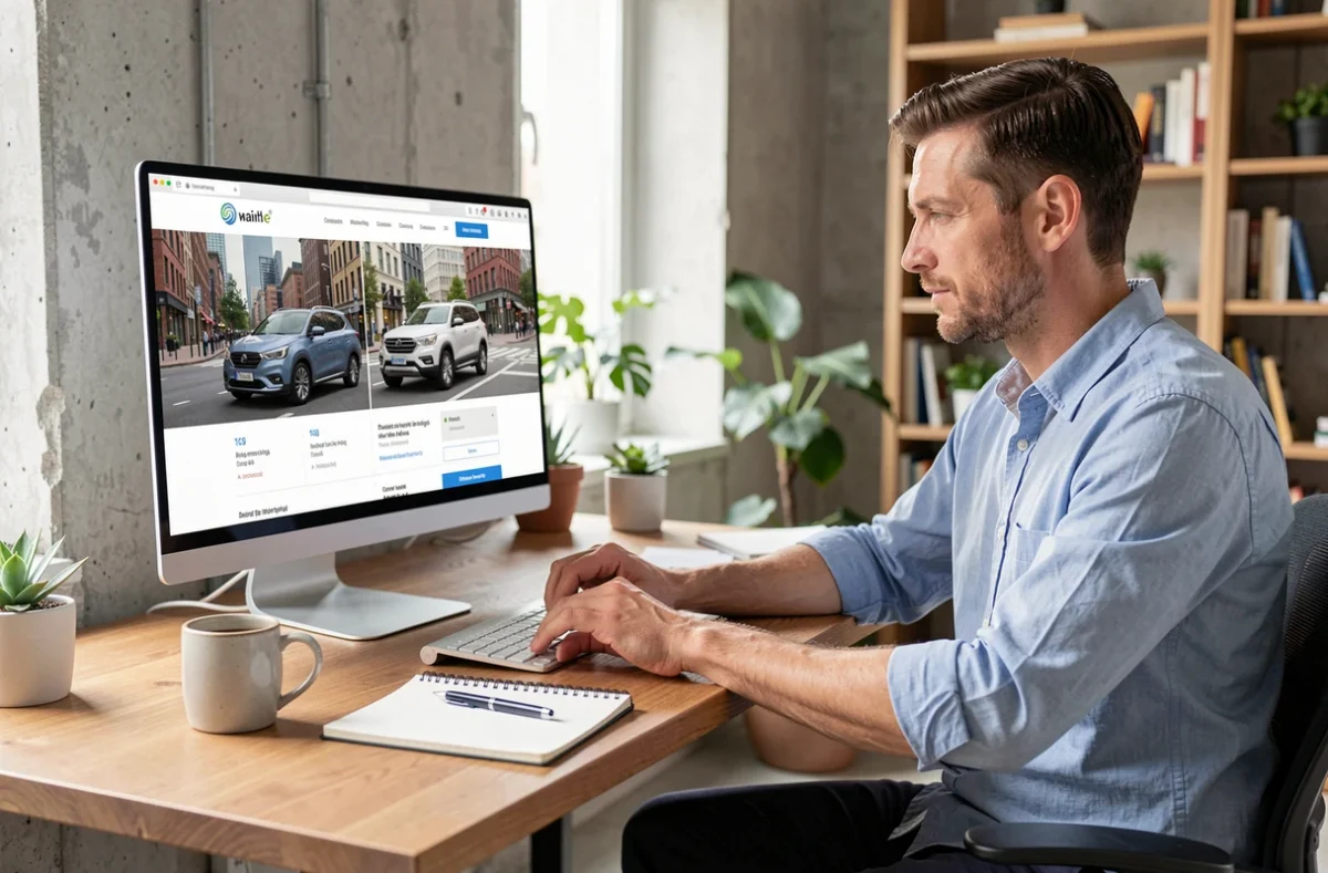 Homme recherchant et comparant des véhicules sur le site Salonautomonaco.com depuis son bureau à domicile