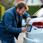 Homme moyenâgeux retire une plaque d'immatriculation