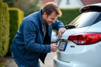 Homme moyenâgeux retire une plaque d'immatriculation