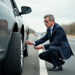 Homme d affaires inspectant un pneu crevé sur sa voiture