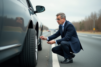Homme d affaires inspectant un pneu crevé sur sa voiture