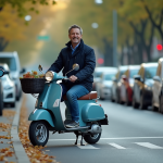 Homme d'âge moyen stationne son scooter classique en ville