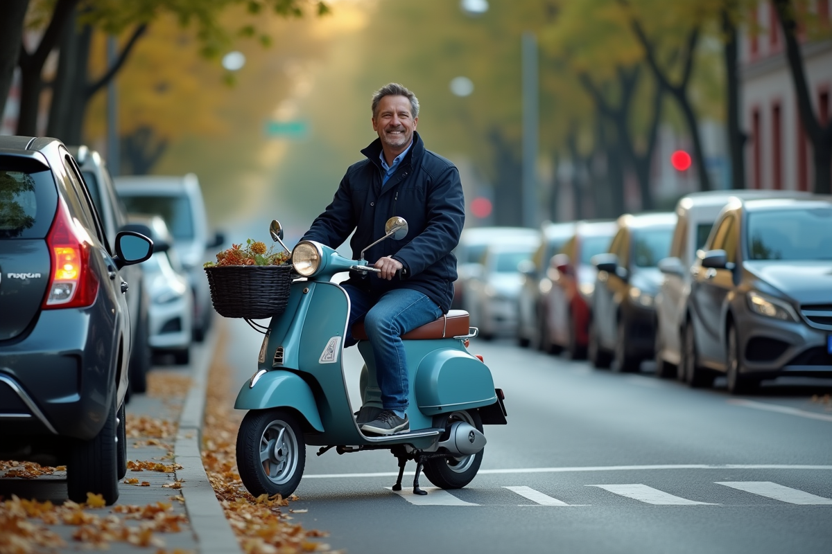 Homme d'âge moyen stationne son scooter classique en ville