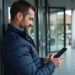 Homme consultant un site d'actualité automobile sur son smartphone devant un concessionnaire