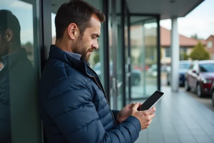 Homme consultant un site d'actualité automobile sur son smartphone devant un concessionnaire