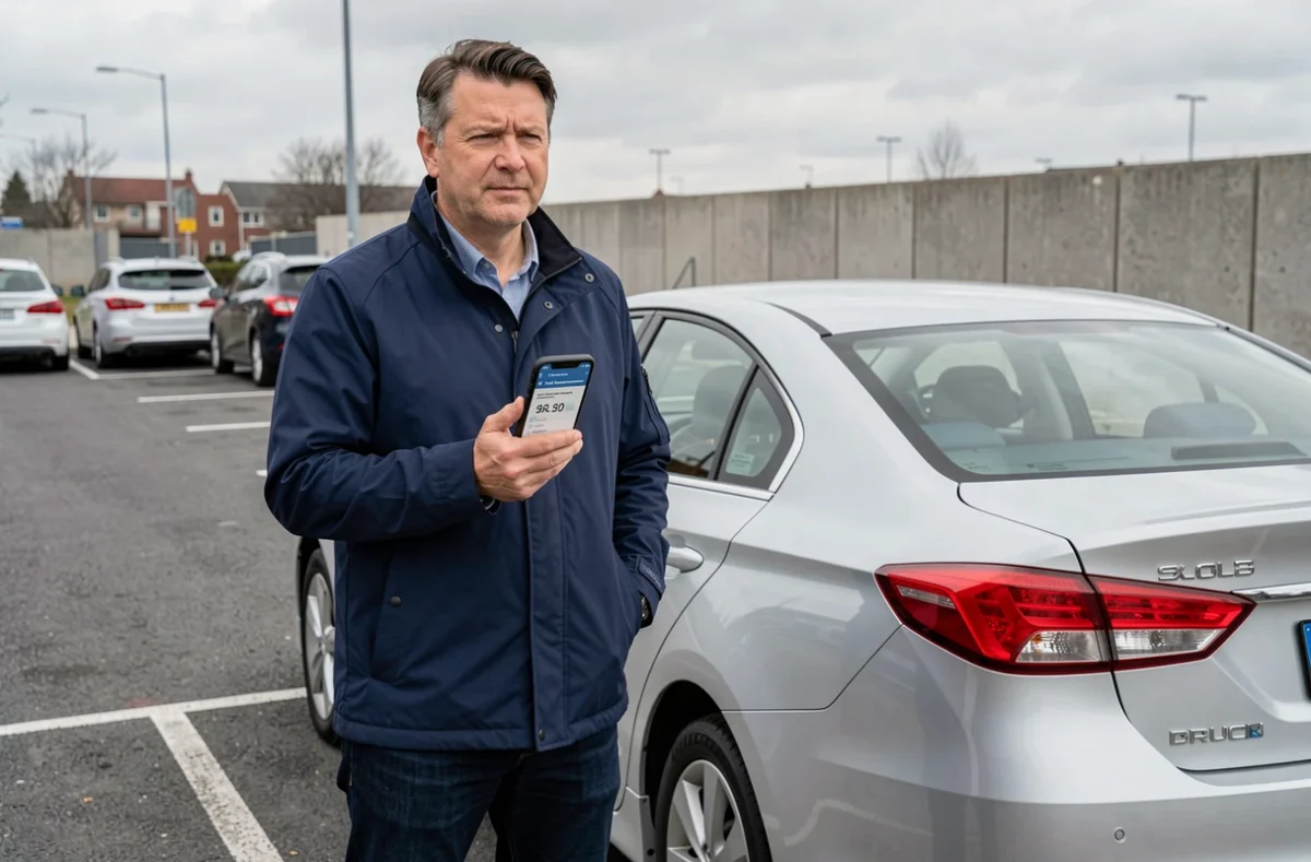Homme consultant une application d'assurance sur smartphone devant sa voiture pour vérifier sa franchise